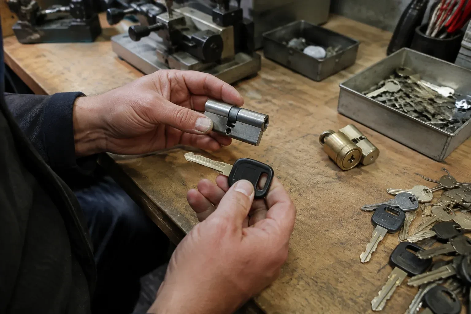 Hands holding a silver-colored lock cylinder and a black-headed key above a workbench with loose keys and another cylinder. — Spare Car Key Duplication, Ionview