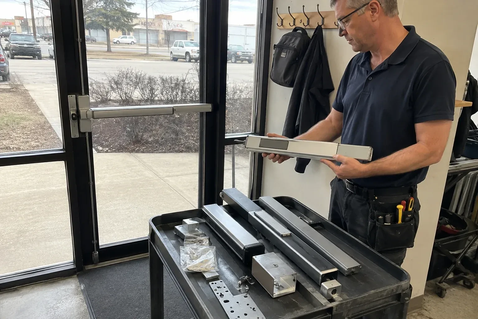 Person holding a long metal door-hardware assembly beside a cart of similar parts and a glass door fitted with a push bar. — Panic & Exit Hardware, Ionview