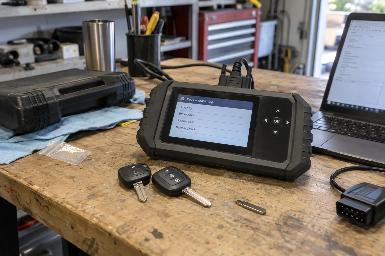 Rugged handheld tablet showing a menu on a workbench beside two key fobs, a laptop, a cable plug and a blue cloth.