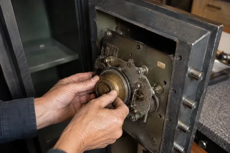 Hands holding a round metal component against the exposed mechanism inside an open safe door. — Safe Opening & Combination Change, Toronto