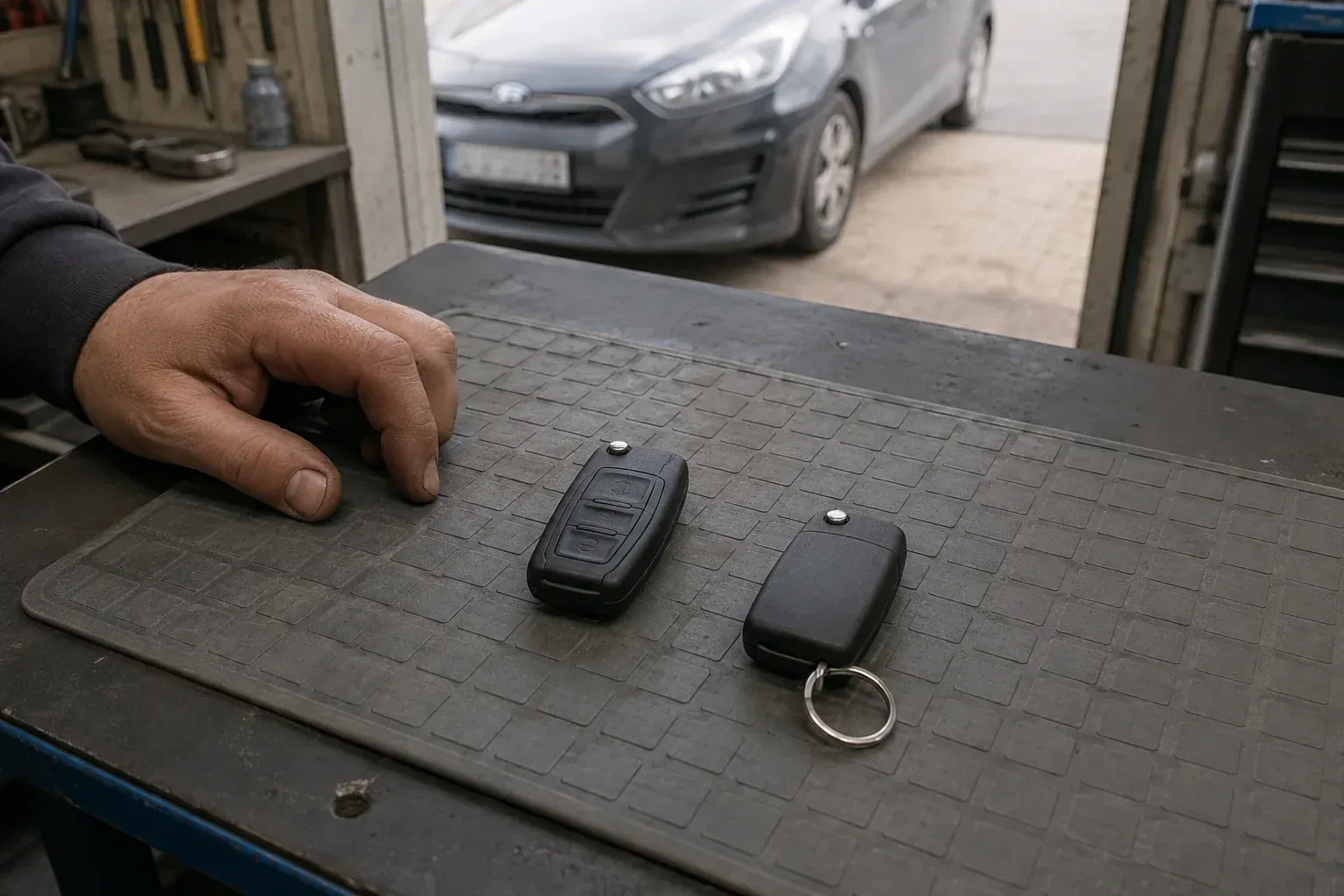 Two vehicle remote fobs on a work mat beside a technician’s hand, with a parked car beyond. — Key Fob Programming, Toronto
